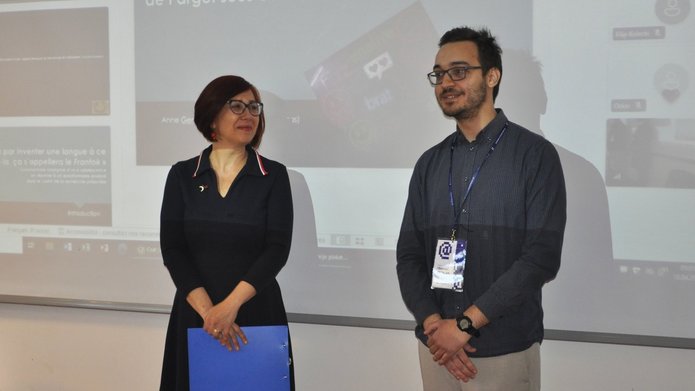 dr hab. Agnieszka Woch prof. UŁ i Mateusz Patalan na konferencji „Langue et Culture sur l'Internet”